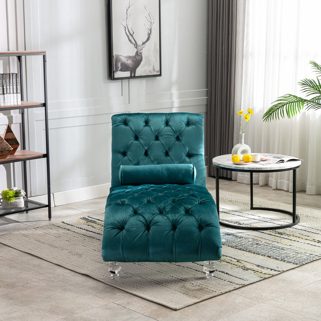Velvet Chaise Lounge Indoor, Button-Tufted Upholstered Chaise Lounge Chair with Pillow, Teal Velvet, 63.38 inch - Grand Goldman Shop