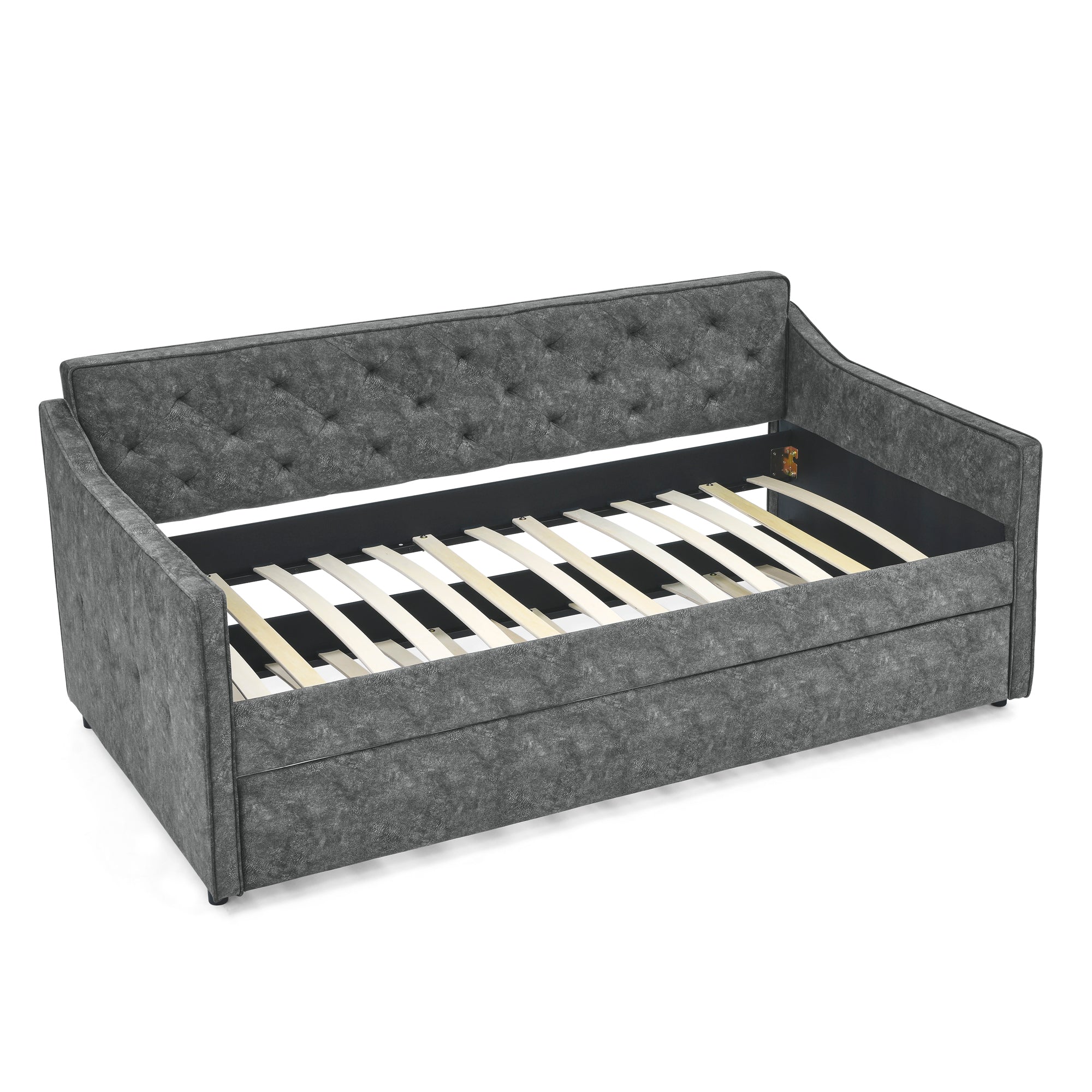 Mid-Century Grey Upholstered Twin Daybed with Trundle, Waved Arms, Eucalyptus Wood Frame, 80.5''x44.5''x33.5'' - Grand Goldman Shop