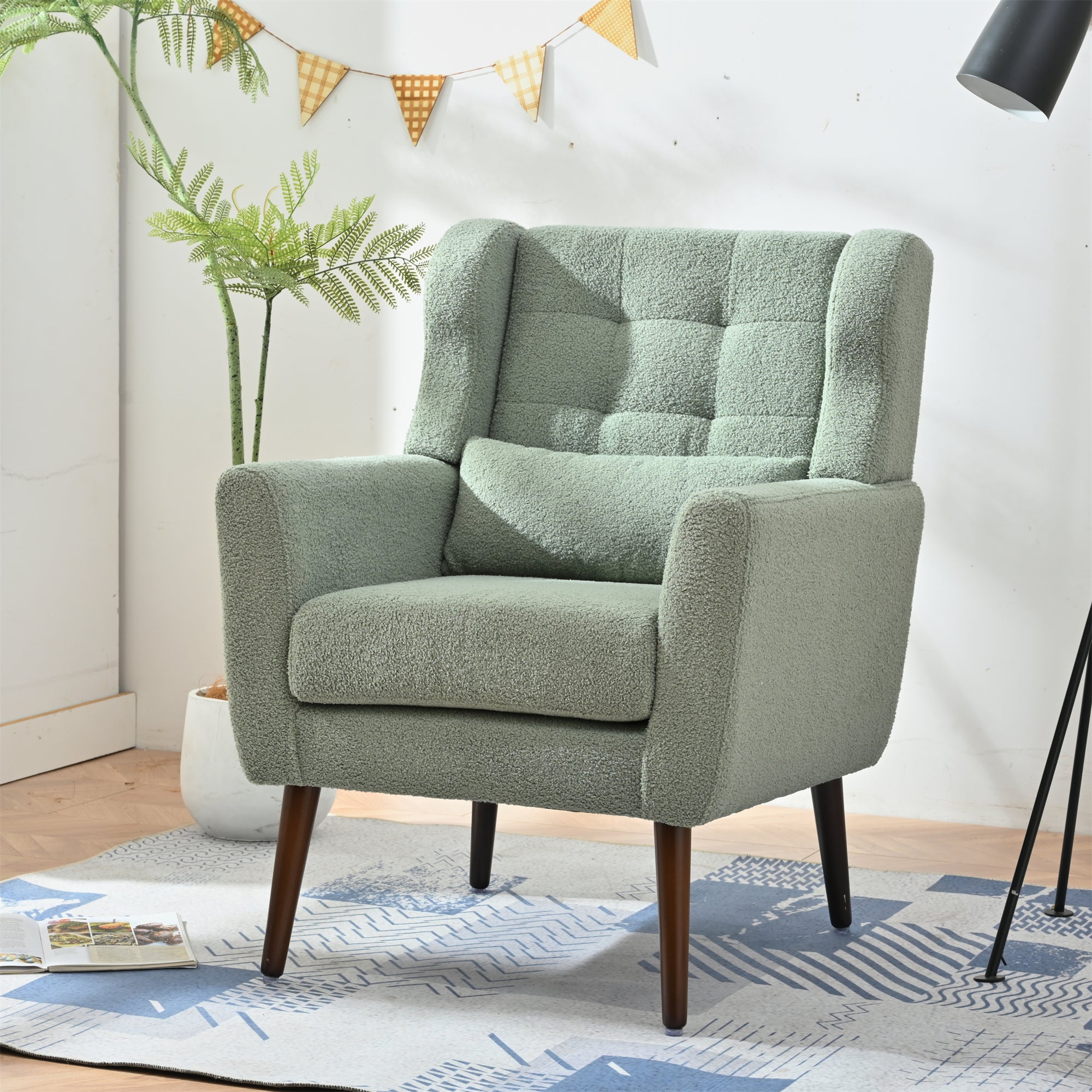 Modern Accent Chair,Teddy Fabric Living Room Chairs Comfy Reading Chair,Mid Century Accent Chair, Lounge Arm Chairs Armchair for Living Room Bedroom (Light Green) - Grand Goldman Shop