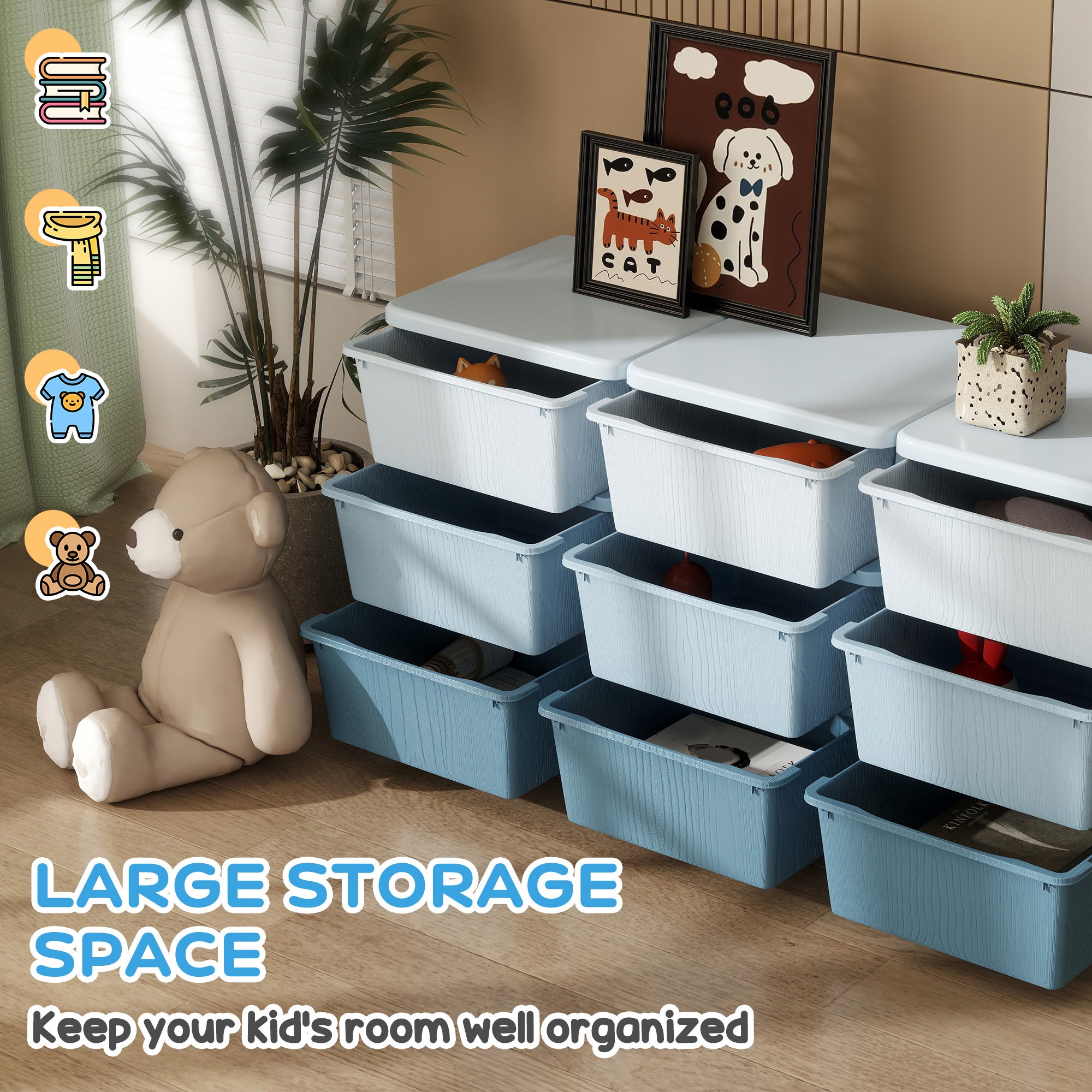 Qaba 3 Tier Kids Storage Unit, 9 Drawer Chest Toy Organizer Plastic Bins for Kids Bedroom Nursery Kindergarten Living Room fo