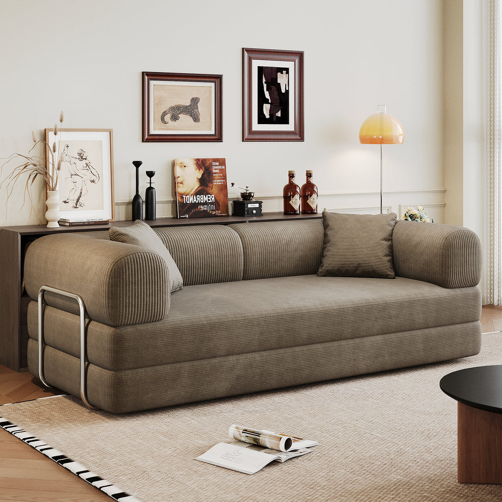78.8' Compression Sofa,Convertible Floor Sofa Bed-with Pillow Back Support Armrest,Comfy Futon Couch Sleeper Bed,Loveseats Boneless Modular Sectional Sofa,Corduroy fabric,for Living Room,Bedroom,Camel - Grand Goldman Shop