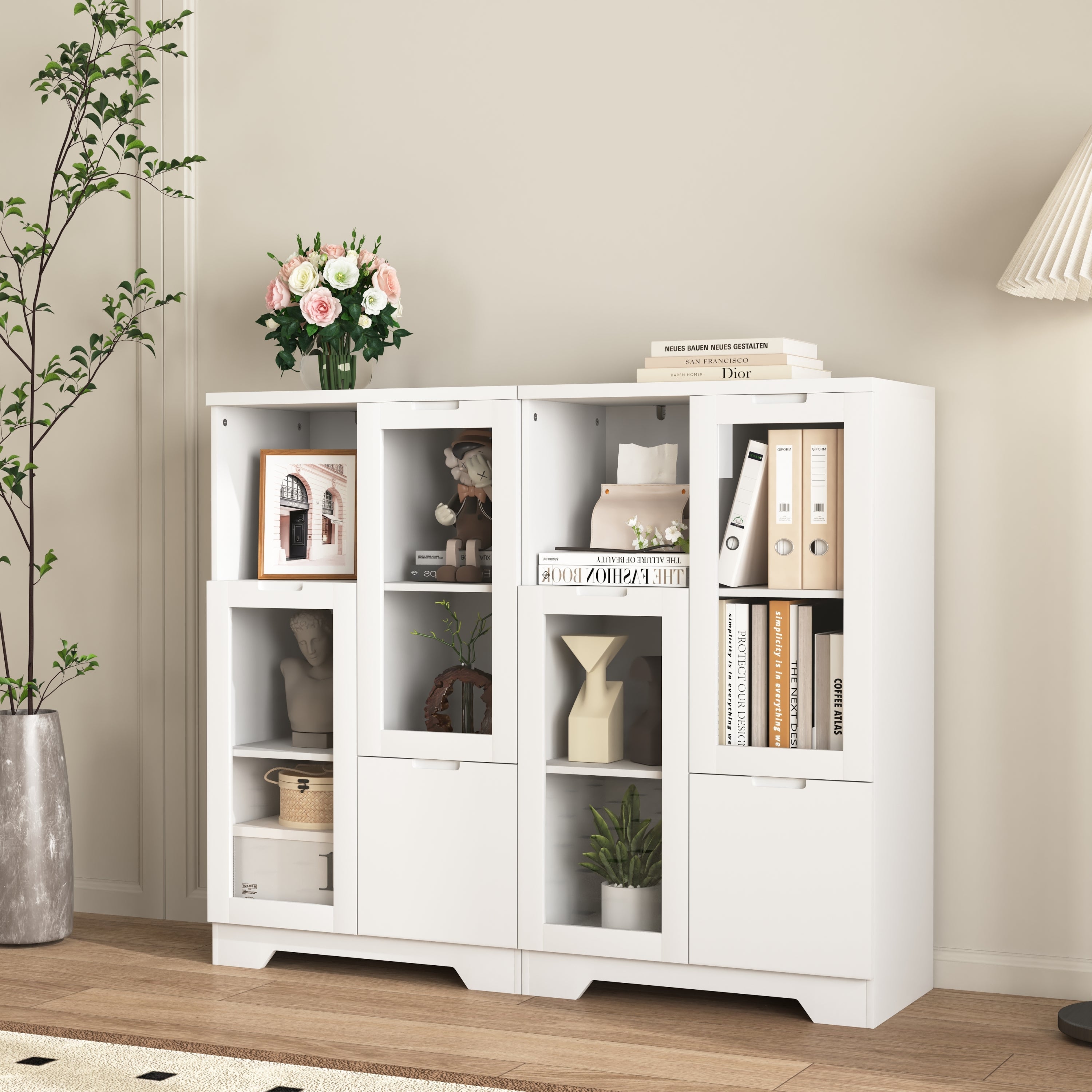Modern MDF Painted Cabinet with Glass Doors and Drawer, White, for Bedroom and Living Room - Grand Goldman Shop