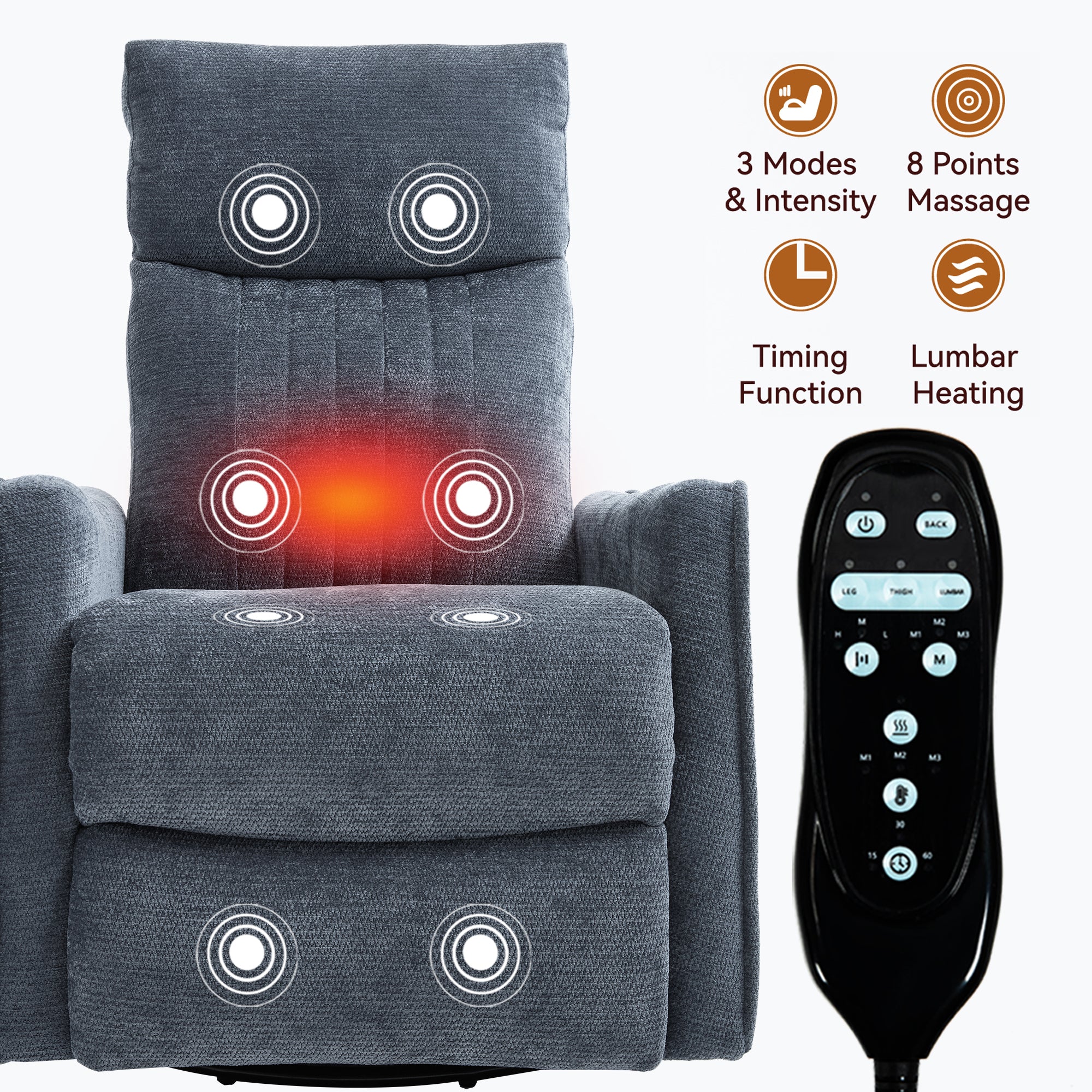 Blue Heat Massage Manual Recliner Chair with Rocker and Swivel in Fabric for Living Room - Grand Goldman Shop