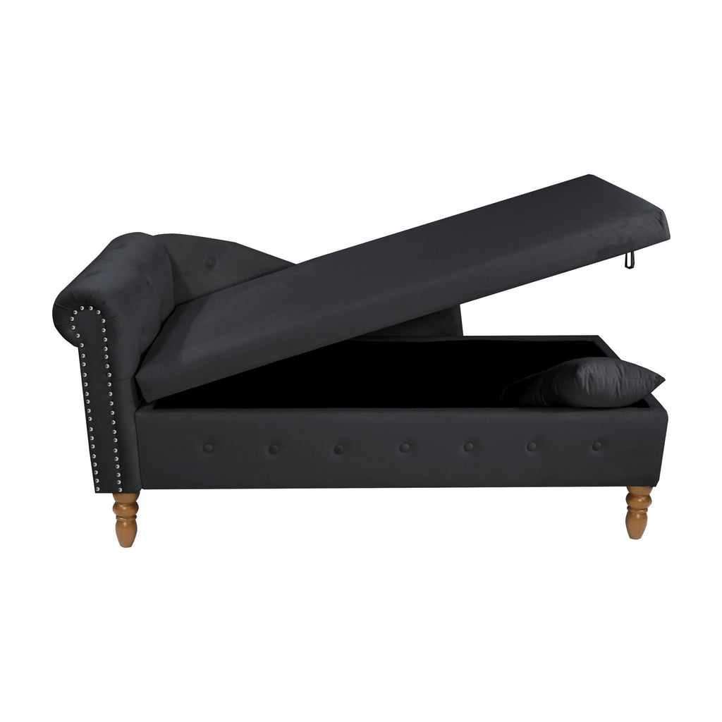 Black Chaise Lounge Indoor, Velvet Lounge Chair for Bedroom with Storage & Pillow, Modern Upholstered Rolled Arm Chase Lounge for Sleeping with Nailhead Trim for Living Room Bedroom Office - Grand Goldman Shop