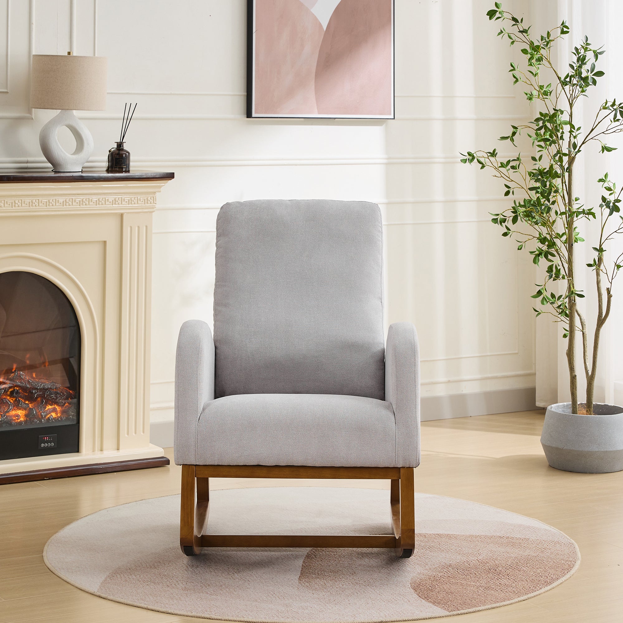 27.2'W Rocking Chair for Nursery, Polyester Glider Chair with High Back and Side Pocket, Rocking Accent Armchair with Rubber Wood Legs for Living Room/Bedroom.Light Gray - Grand Goldman Shop