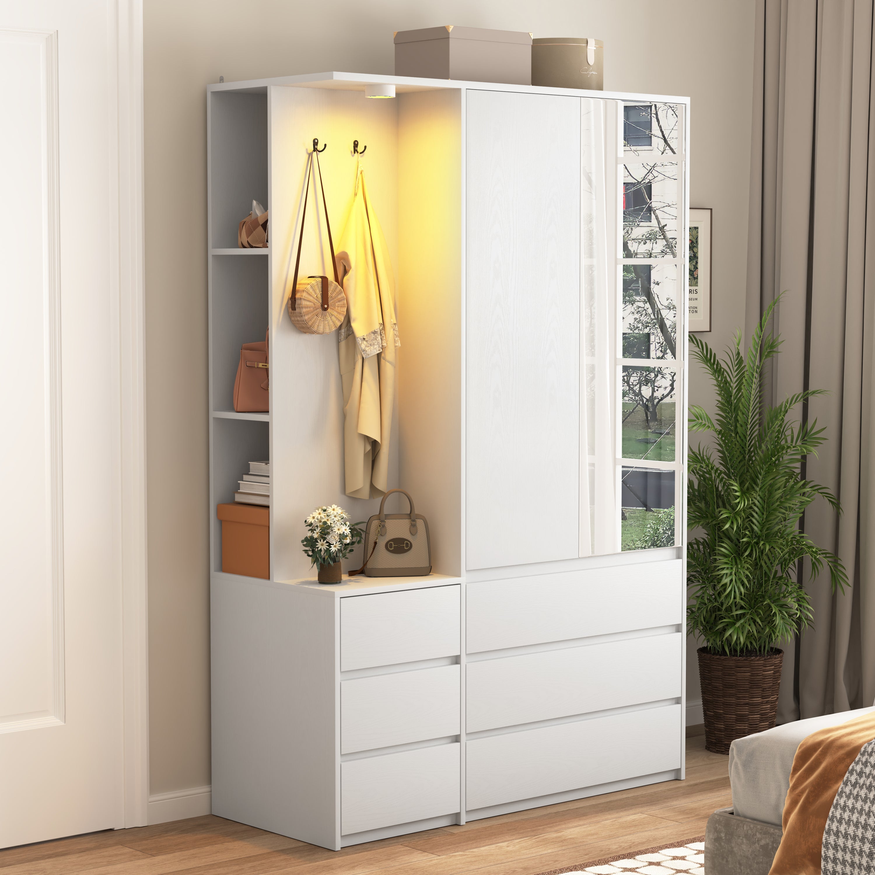 Wardrobe Closet 71.7' H, Bedroom Wooden Wardrobe with 2 Doors 6 Drawers, Modern Clothing Storage Cabinet Combination with Storage Shelves and Hanging Rail, White - Grand Goldman Shop
