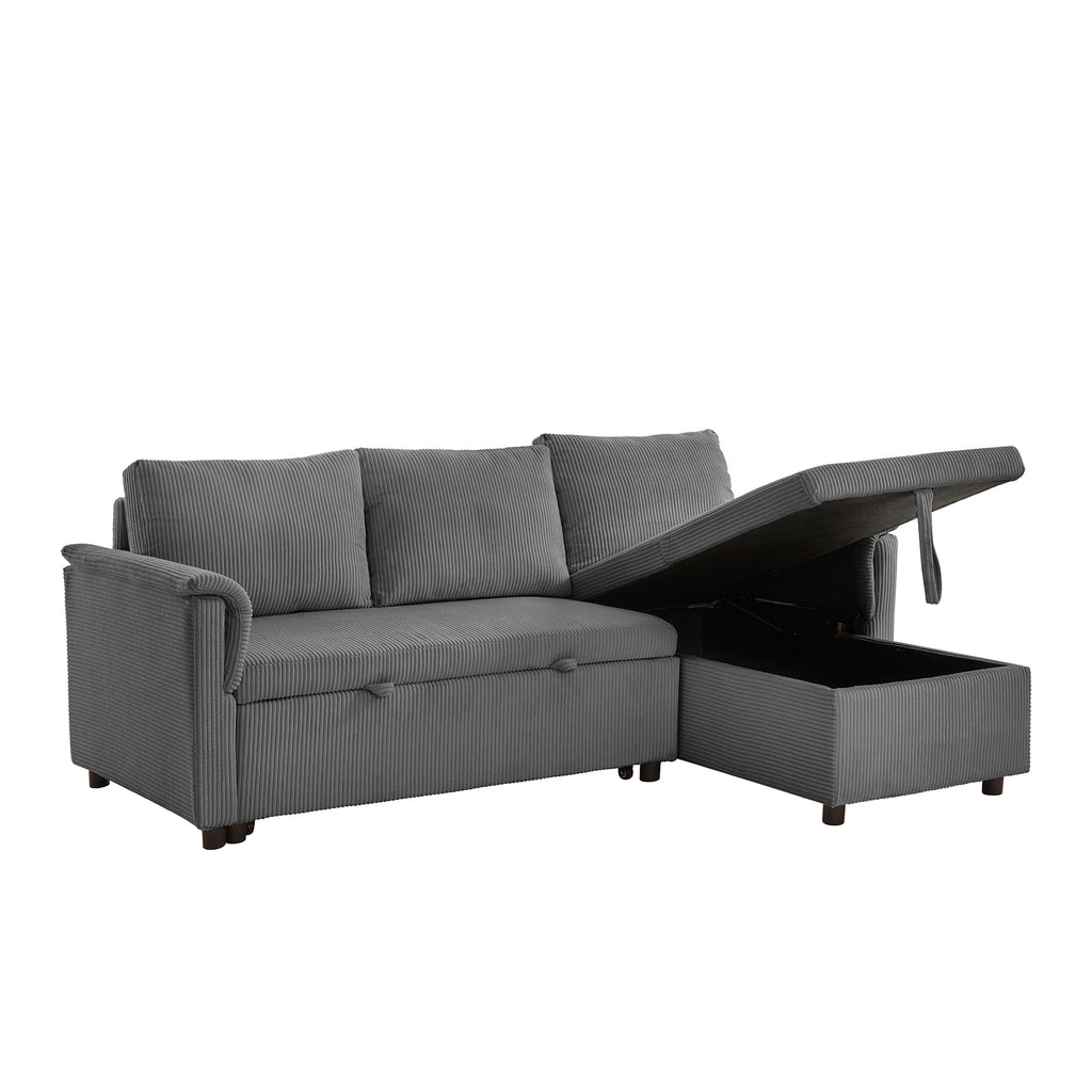 Loveseat Sofa with Chaise Lounge L-Shaped Modular Convertible Sofa with Storage Chaise, Corduroy Tufted Upholstered Sleeper Sectional Sofa,Pull Out Sleep Couch Bed and Reclining Backrest-Gray - Grand Goldman Shop