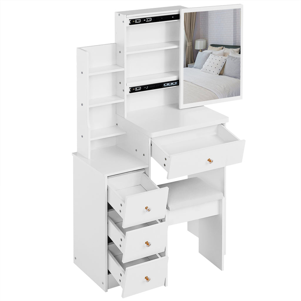 29.2' Small Space Left Bedside Cabinet Vanity Table + Cushioned Stool, Extra Large Right sliding mirror, Multi Layer High Capacity Storage, Practical Fashionable Dresser, EPA, GCC, UL Certificate - Grand Goldman Shop