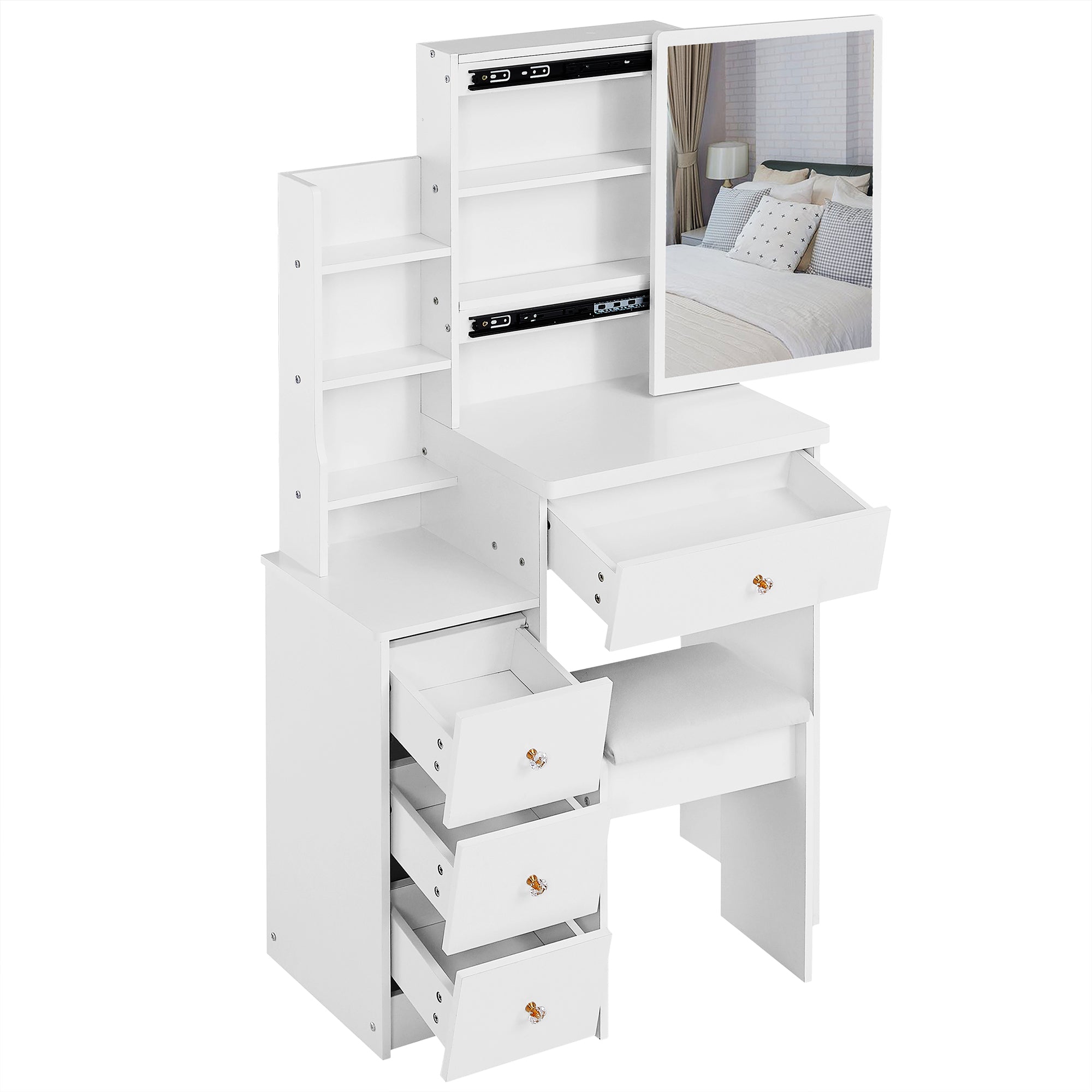 29.2' Small Space Left Bedside Cabinet Vanity Table + Cushioned Stool, Extra Large Right sliding mirror, Multi Layer High Capacity Storage, Practical Fashionable Dresser, EPA, GCC, UL Certificate - Grand Goldman Shop