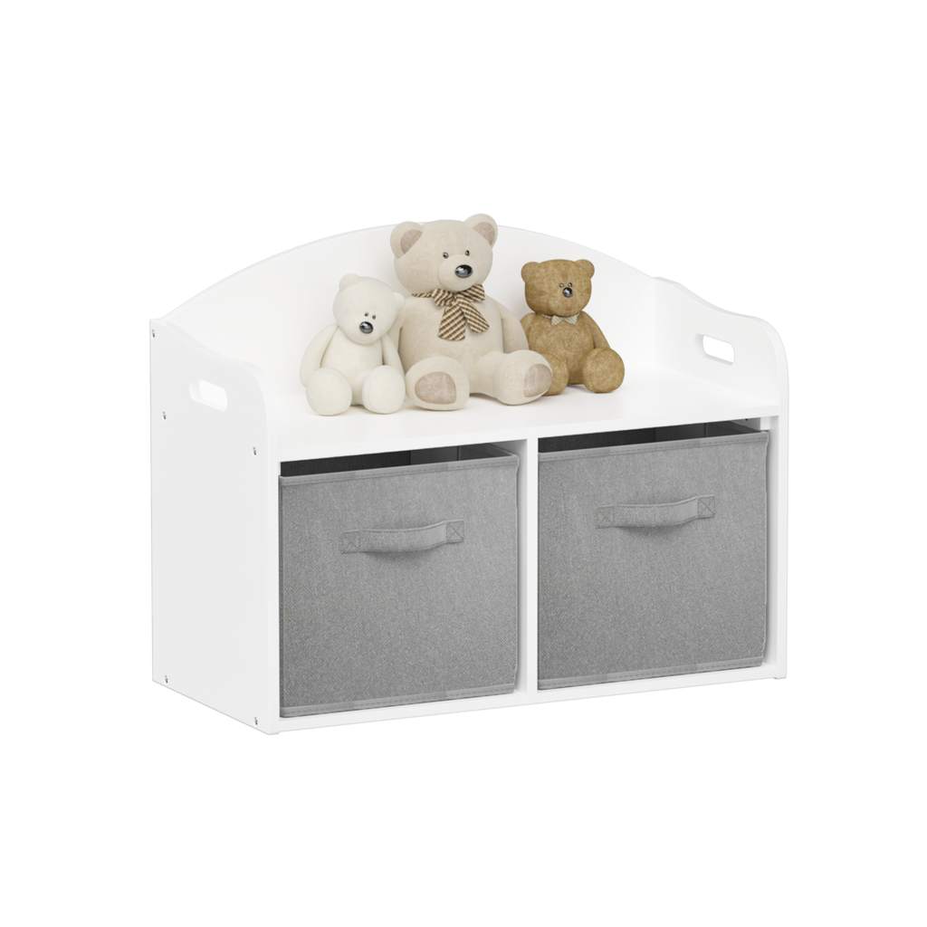 Kids Wooden Toy Box Bench with Collapsible Fabric Drawers, White MDF Storage Cabinet Organizer, 24.6 x 11.8 x 19.1 inches | P