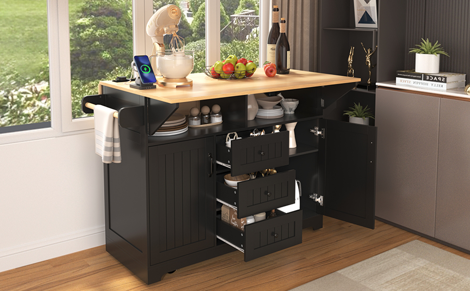 K&K 55.7'' Large Kitchen Island with 2 Drop Leaf,, Rolling Kitchen Cart on 5 Wheels with Power Outlet, Folding Storage Dining Table with Spice & Towel Rack , 3 Drawers, for Kitchen, Dining Room,Black - Grand Goldman Shop