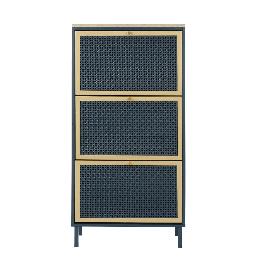 3-Door Metal Shoe Rack, Freestanding Modern Shoe Storage Cabinet with Metal Rattan - Blue-Gray Particle Board - For Entryway - Grand Goldman Shop