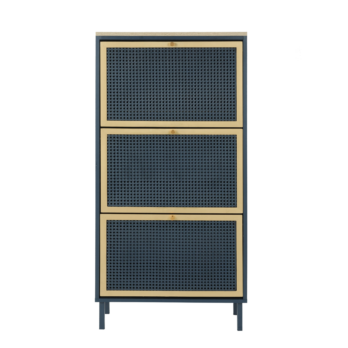3-Door Metal Shoe Rack, Freestanding Modern Shoe Storage Cabinet with Metal Rattan - Blue-Gray Particle Board - For Entryway - Grand Goldman Shop