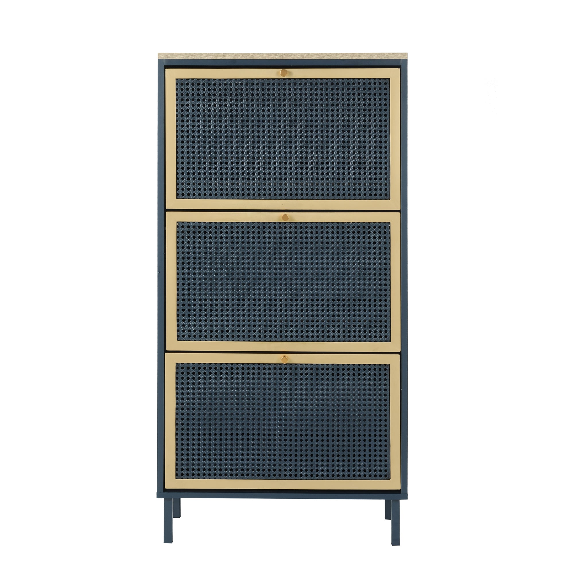 3-Door Metal Shoe Rack, Freestanding Modern Shoe Storage Cabinet with Metal Rattan - Blue-Gray Particle Board - For Entryway - Grand Goldman Shop