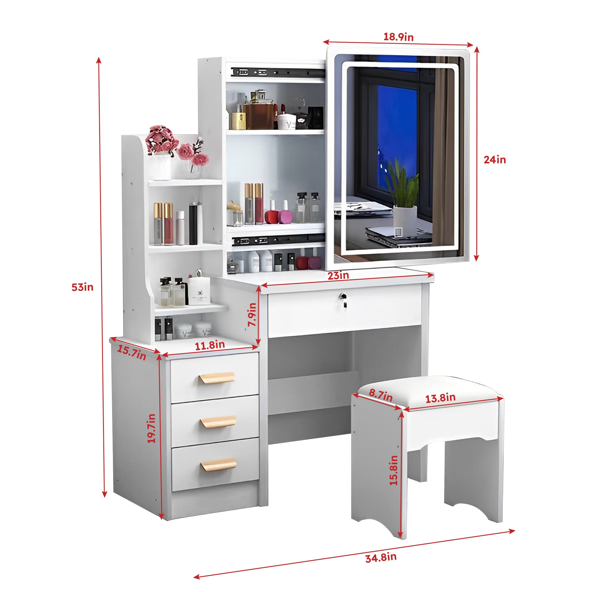 Fashion Vanity Desk with Mirror and Lights for Makeup and Chair, White MDF Vanity Set with 3 Color Adjustable LED Lighting, 4 Drawers - Grand Goldman Shop