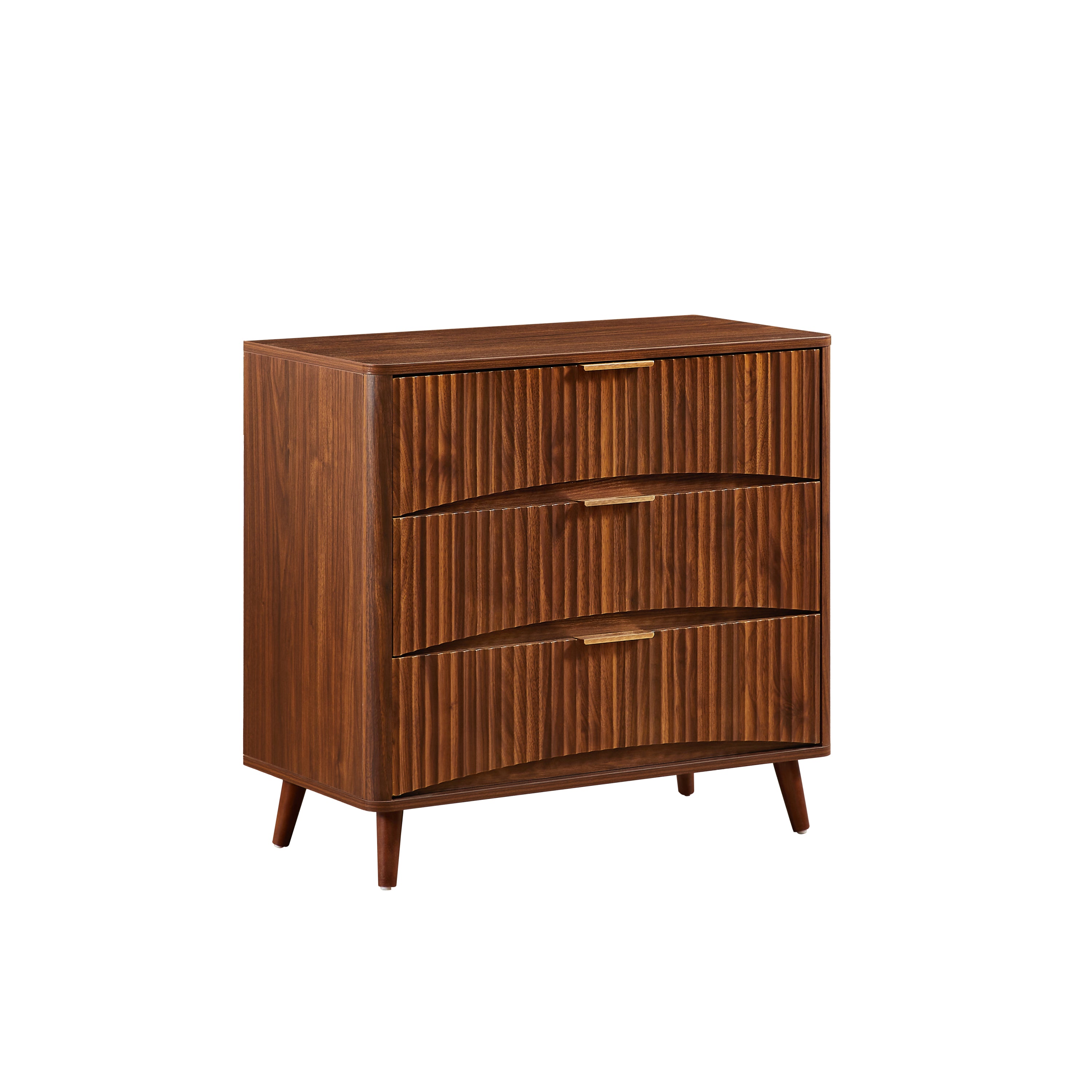 Fluted 3 Drawer Dresser Set of 2, Mid-Century Modern Tall Chest of Drawers with Vertical Grooved Design, Solid Wood Storage Cabinet with Metal Handles for Bedroom Living Room, Walnut - Grand Goldman Shop