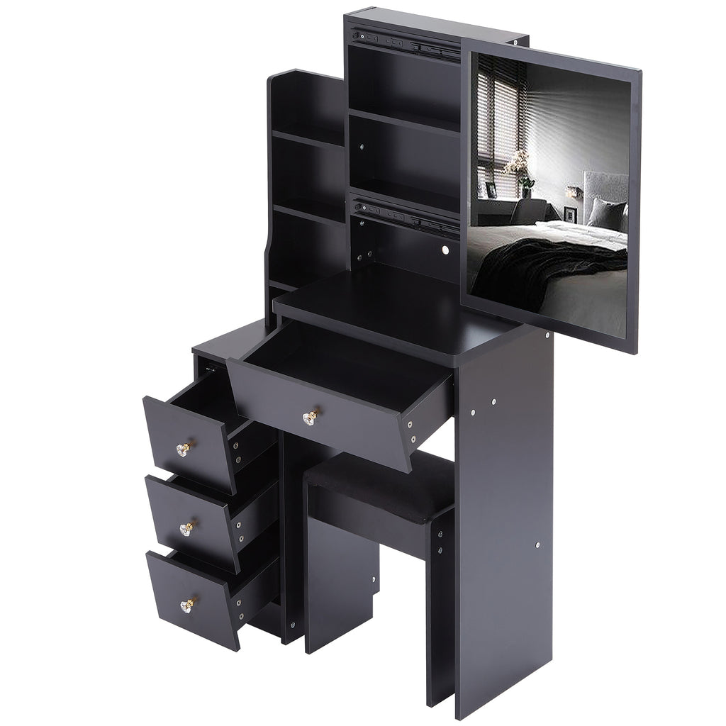 29.2' Small Space Left Bedside Cabinet Vanity Table + Cushioned Stool, Extra Large Right sliding mirror, Multi Layer High Capacity Storage, Practical Fashionable Dresser, Suitable For Small Space - Grand Goldman Shop