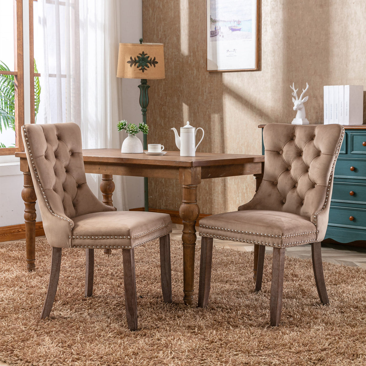Nikki Collection Modern, High-end Tufted Solid Wood Contemporary Velvet Upholstered Dining Chair with Wood Legs Nailhead Trim 2-Pcs Set, Khaki, SW2001KK - Grand Goldman Shop