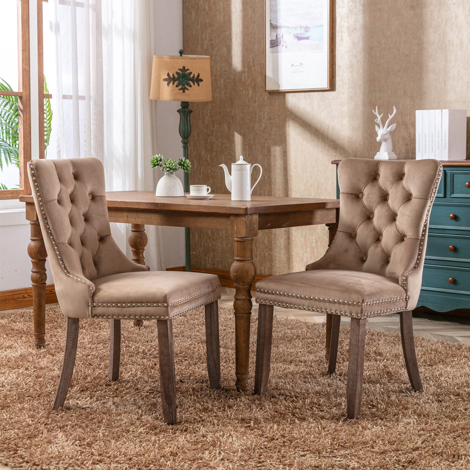 Nikki Collection Modern, High-end Tufted Solid Wood Contemporary Velvet Upholstered Dining Chair with Wood Legs Nailhead Trim 2-Pcs Set, Khaki, SW2001KK - Grand Goldman Shop