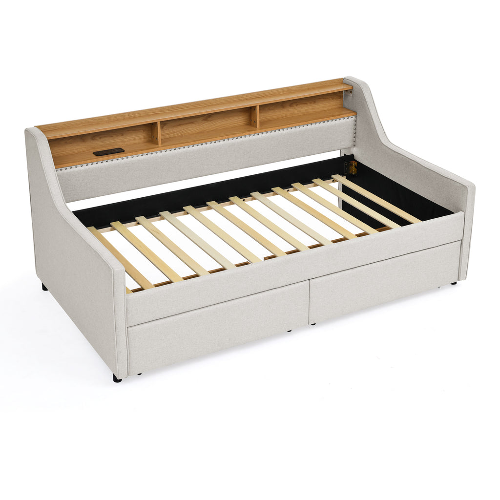 Beige Linen Upholstered Twin Sofa Bed with LED Lights, Storage Drawers, Adjustable Headboard & Wireless Charging - Grand Goldman Shop