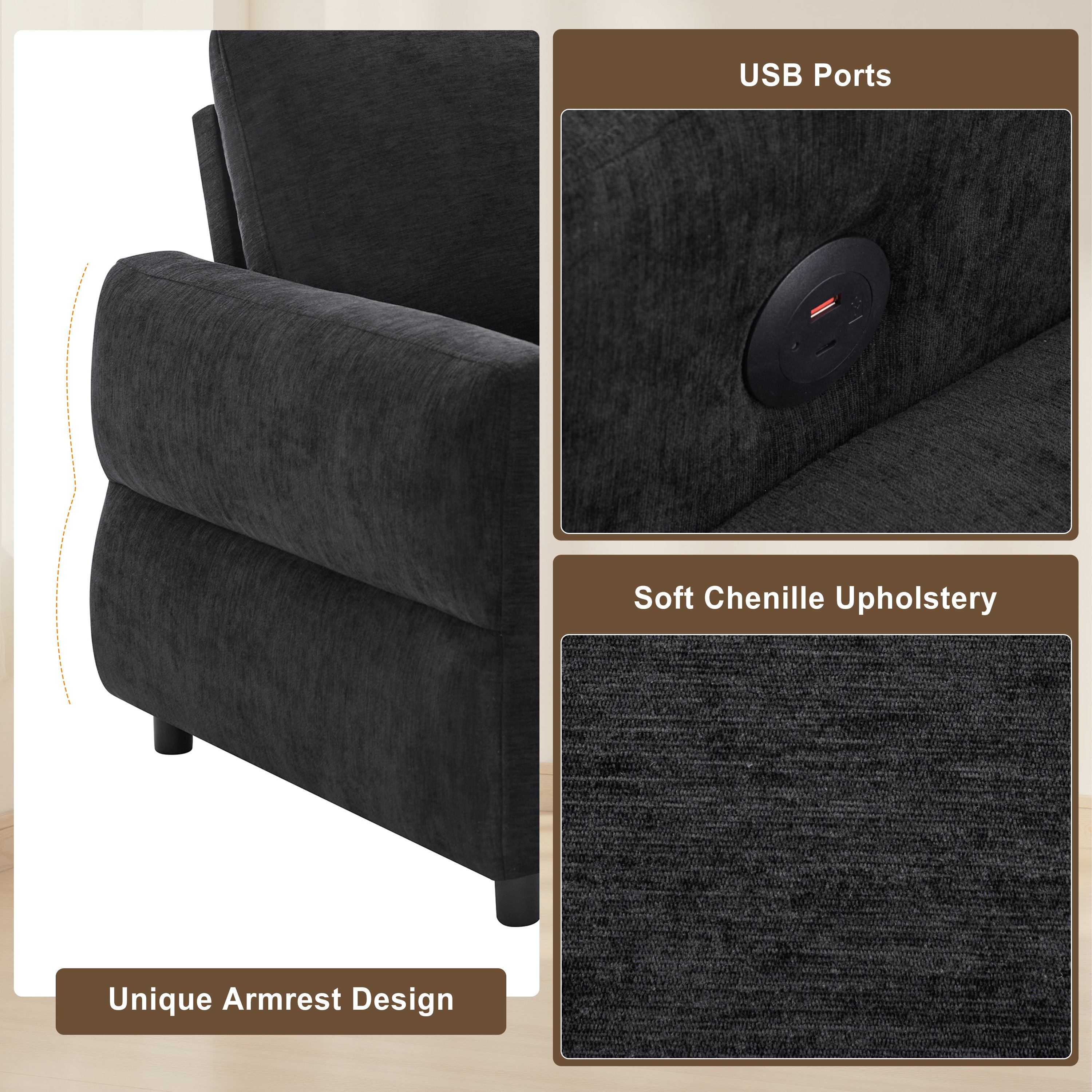 Black Convertible Sofa Bed Loveseat with Adjustable Backrest and USB Ports, 62.75' Chenille Upholstered Couch for Living Room or Small Space - Grand Goldman Shop