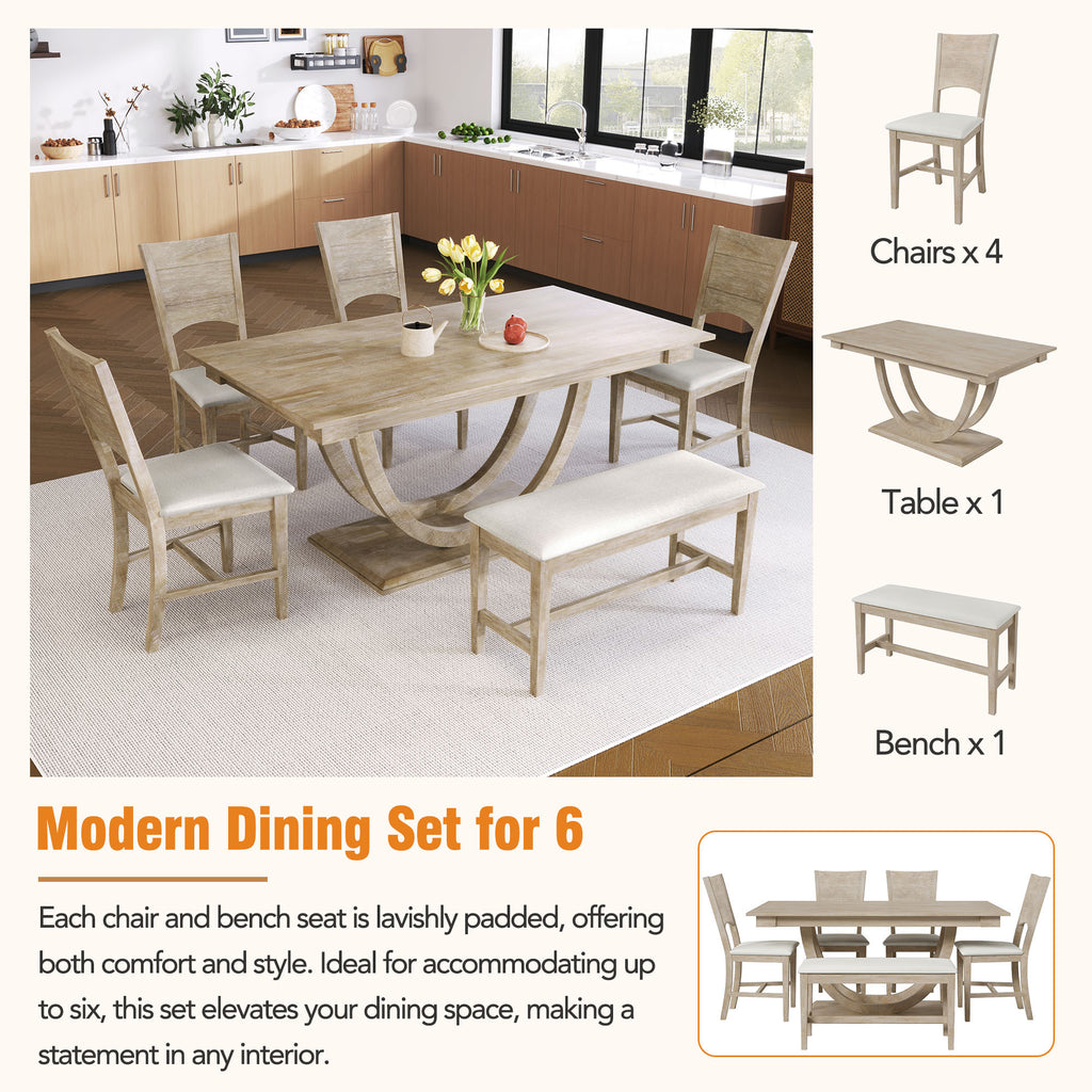 TOPMAX Modern Style Natural Wood 6-Piece Dining Table Set with Bench and Chairs, Upholstered Seats, Rubberwood Frame - Grand Goldman Shop