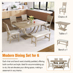TOPMAX Modern Style Natural Wood 6-Piece Dining Table Set with Bench and Chairs, Upholstered Seats, Rubberwood Frame - Grand Goldman Shop