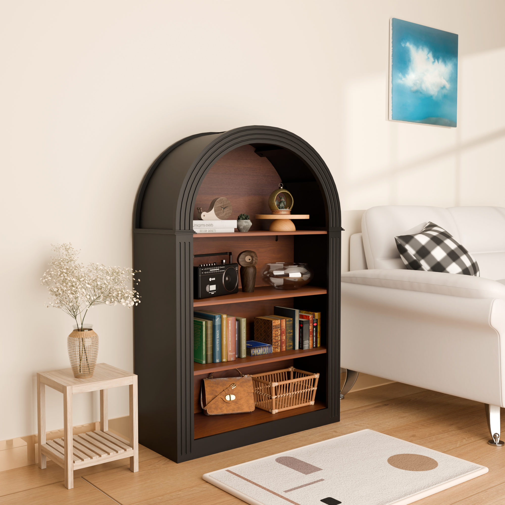 Bookcase, 4-Shelf Tall Bookshelf, 45.66' Wood Open Display Floor Arched Bookcase, Large Storage Organizer for Library, Bedroom, and Living Room (Black) - Grand Goldman Shop
