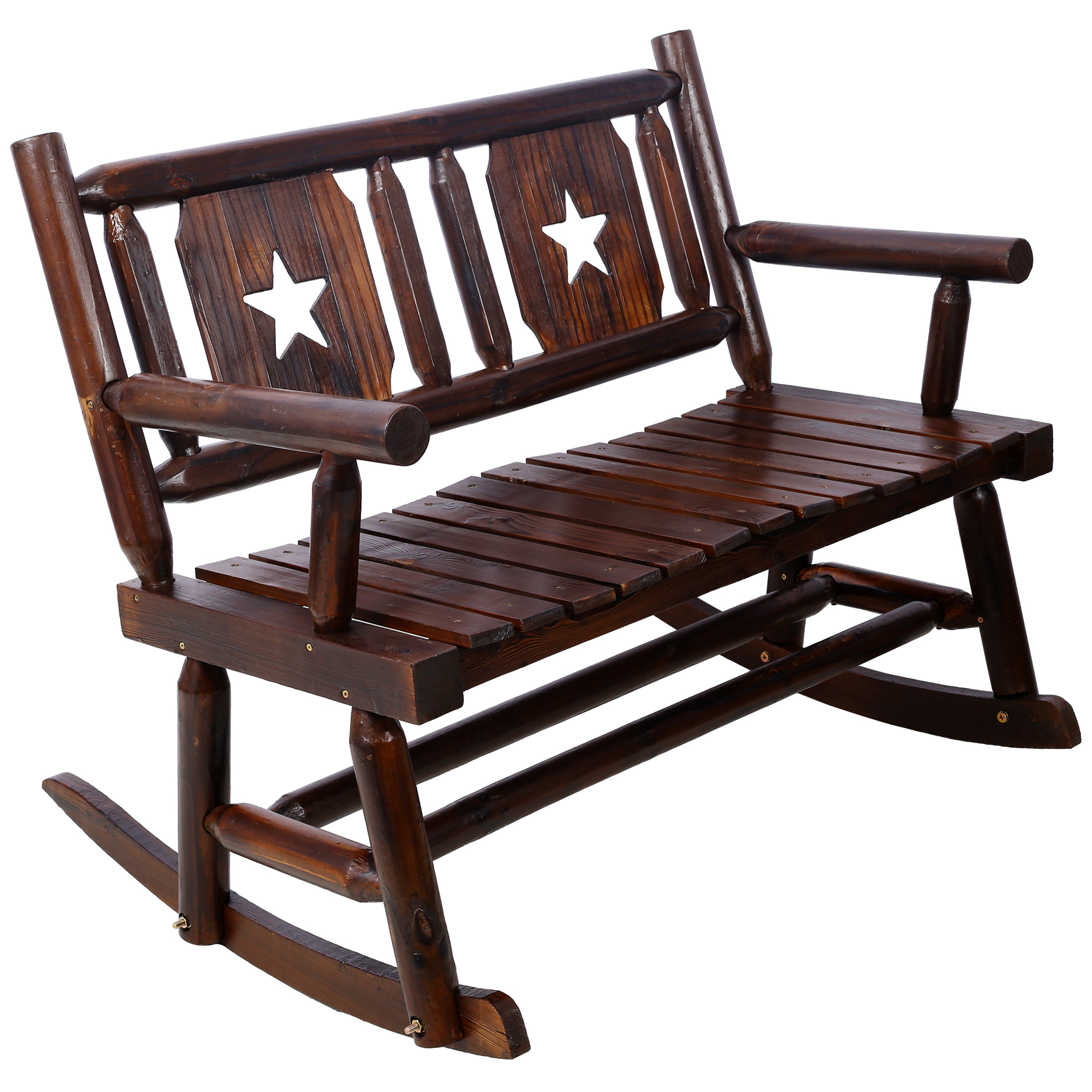 Outdoor Wood Rocking Bench Carbonized Double Rocking Chair for 2 Persons with Wide Curved Seat, Porch Rocker for Porch, Garden, Backyard, Rustic Brown - Grand Goldman Shop