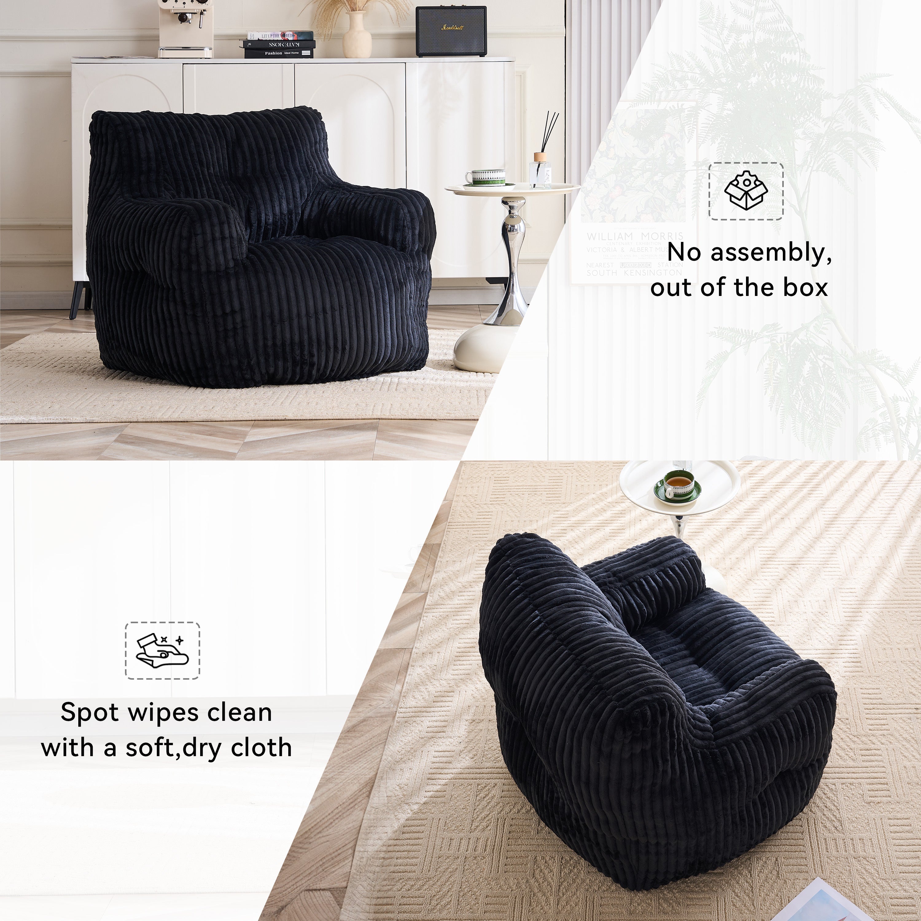 010-Soft Fluffy Corduroy Fabric Bean Bag Chair Filled With Memory Sponge,Black - Grand Goldman Shop