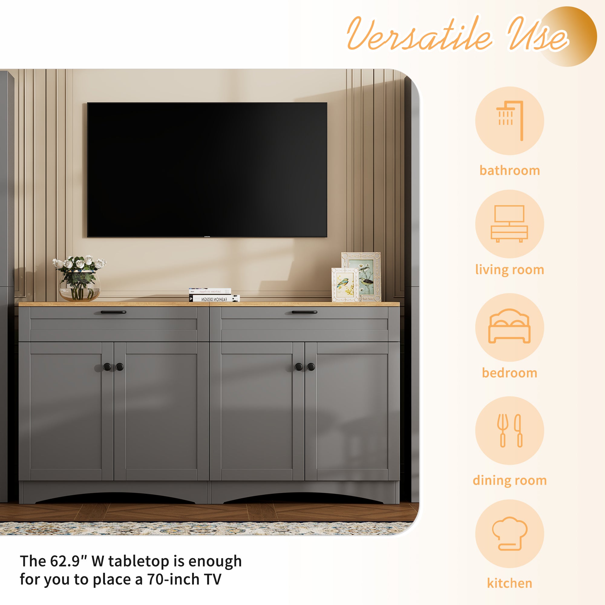 ON-TREND 3-Piece Farmhouse Entertainment Center with Storage Cabinet for TVs Up to 70', Mid-Century TV Stand with Bookshelf, Rustic Versatile Sideboard with Adjustable Shelves for Living Room, Grey - Grand Goldman Shop