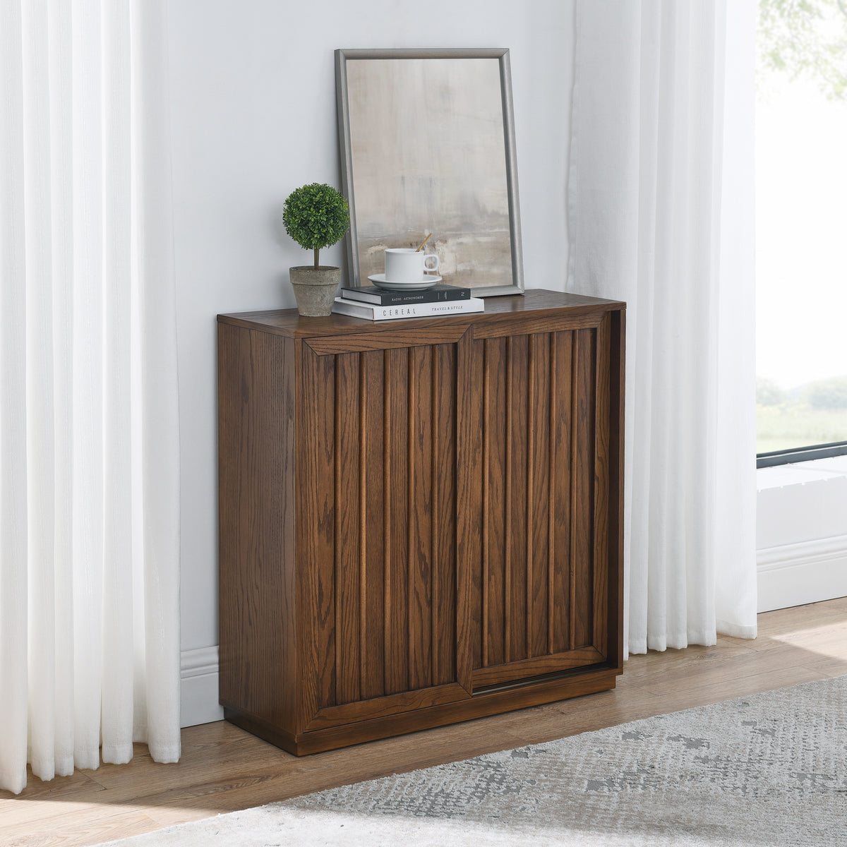 Mid Century Sideboard with 2 Sliding Door & Solid Wood Decorative Strips, Storage Cabinet for Living Room, Kitchen, Dining, Entryway, Hallway - Grand Goldman Shop