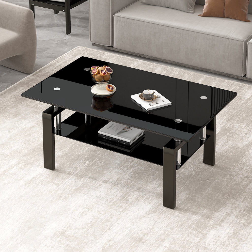 Modern Tempered Black Glass Coffee Table with 2-Layers and Waterfall Edges for Living Room - Grand Goldman Shop