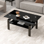 Modern Tempered Black Glass Coffee Table with 2-Layers and Waterfall Edges for Living Room - Grand Goldman Shop