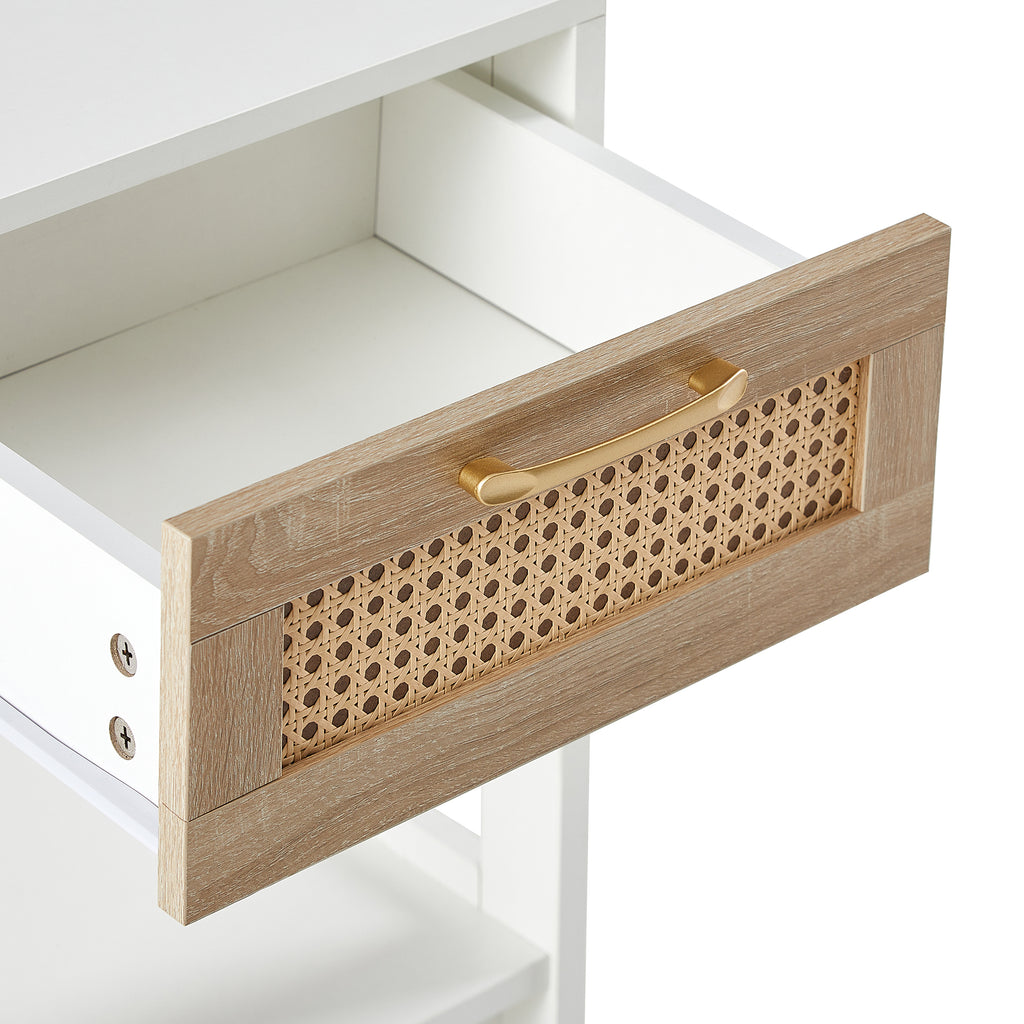 Modern Rattan End Table with Drawer, White MDF and Rattan, 15.75' Square - Grand Goldman Shop
