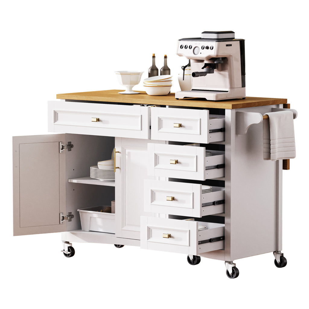 K&K 52'' Kitchen Island with Drop Leaf, Embossed Texture Kitchen Island on Wheels with Spice Rack, Towel Rack, 2 Doors and 5 Drawers, Kitchen Storage Cart with Adjustable Shelf for Kitchen, White - Grand Goldman Shop