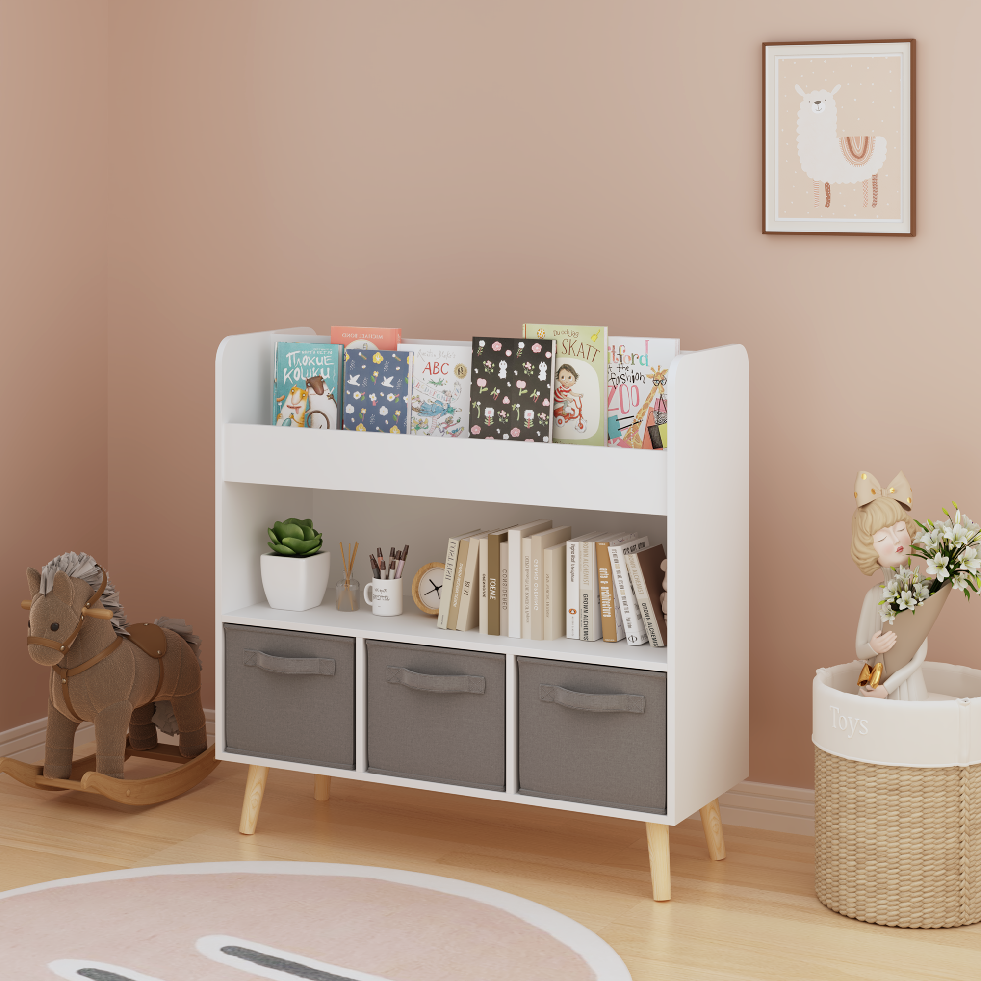 Kids Bookshelf with 3 Fabric Bins, Modern Children's Bookcase with Storage for Toys and Books, Toddler Book Organizer Shelf f