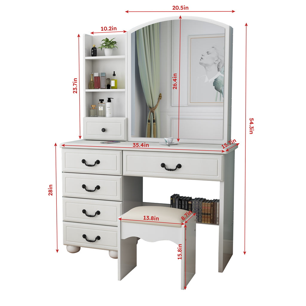 Fashion Vanity Desk with Mirror and Adjustable Lighting in White MDF, 6 Drawers, 3 Color Light Modes - Grand Goldman Shop
