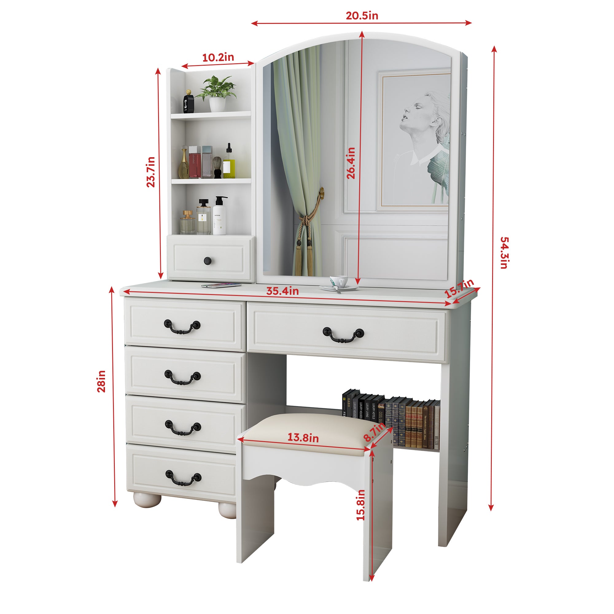 Fashion Vanity Desk with Mirror and Adjustable Lighting in White MDF, 6 Drawers, 3 Color Light Modes - Grand Goldman Shop