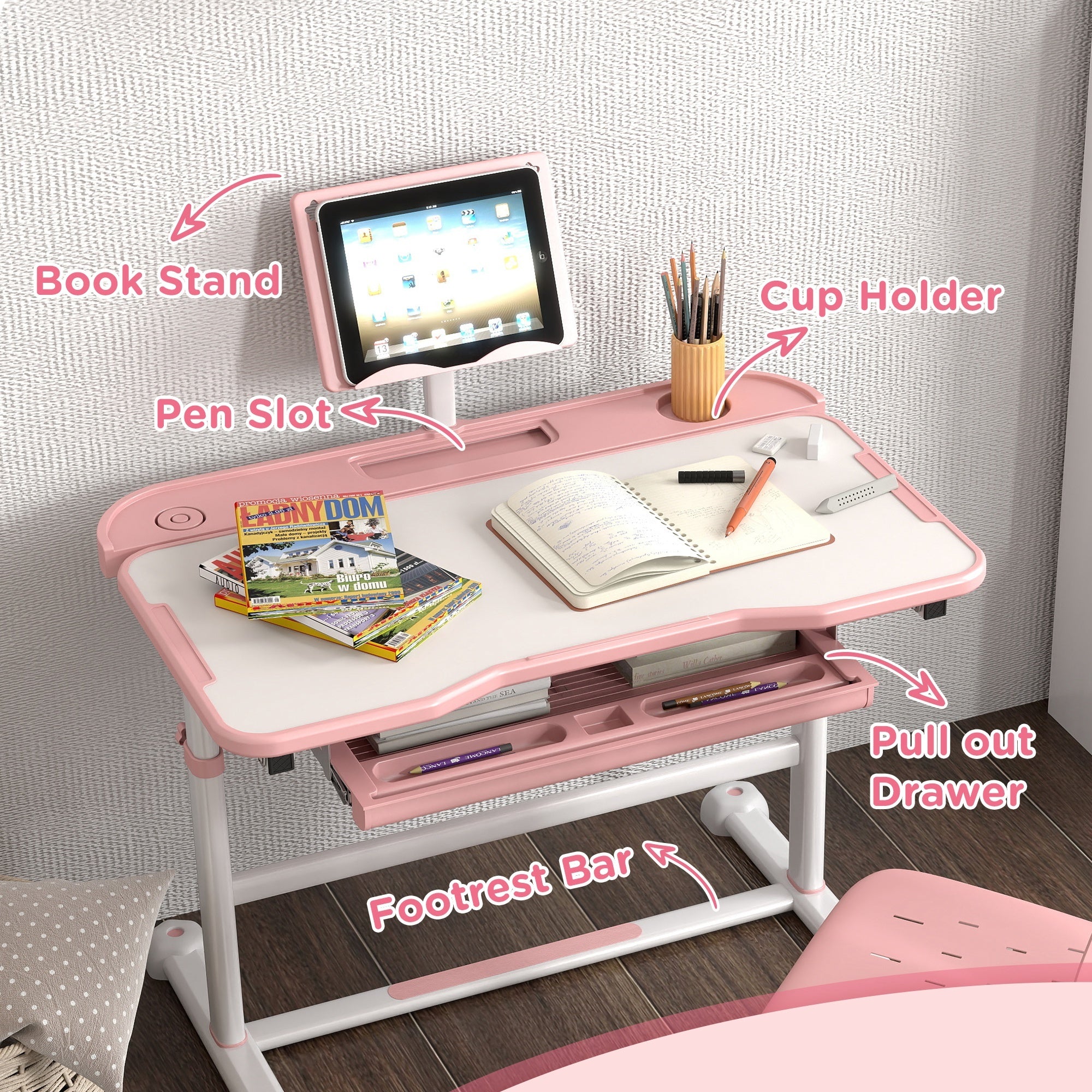 Qaba Kids Desk and Chair Set, Height Adjustable Kids School Study Desk and Chair Set with Tilt Desktop, Storage Drawer & Book
