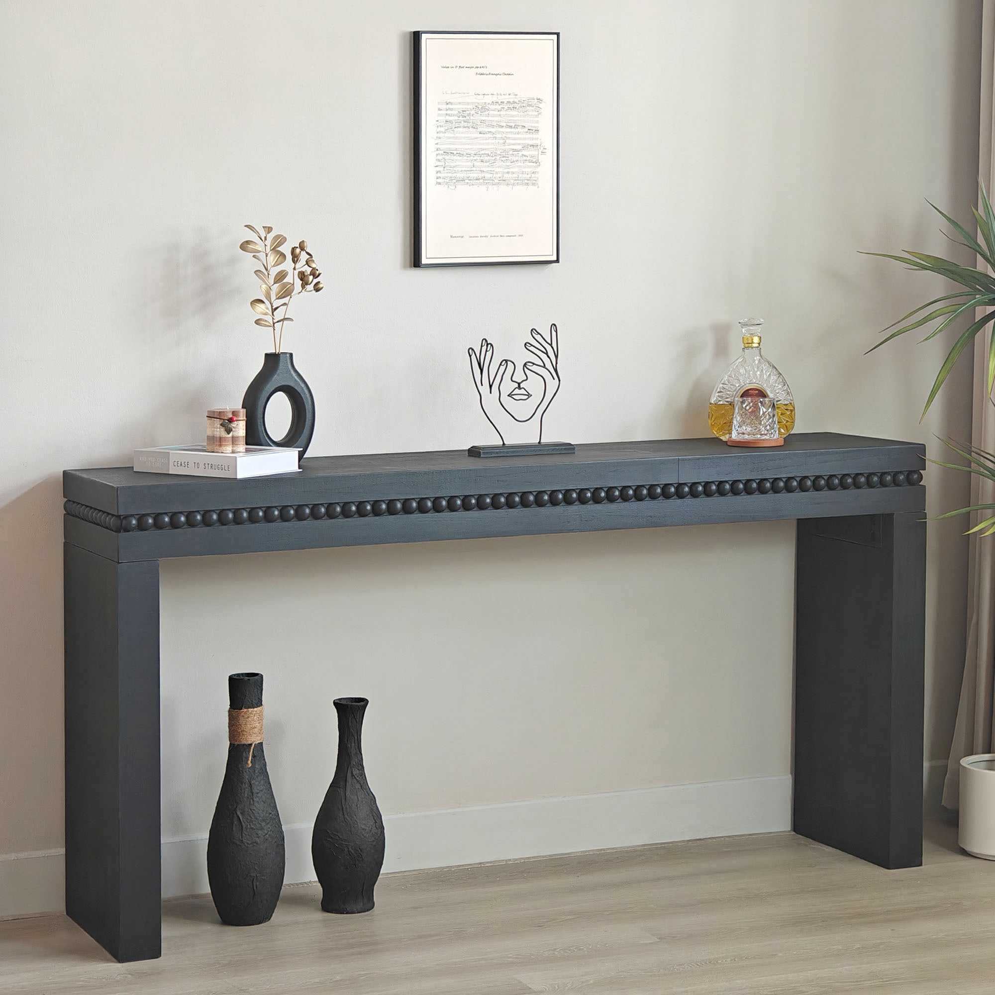 Modern Black Engineered Wood Console Table with Real Wood Bead Trim - Farmhouse Entryway Sofa Table for Living Room, Hallway - Grand Goldman Shop