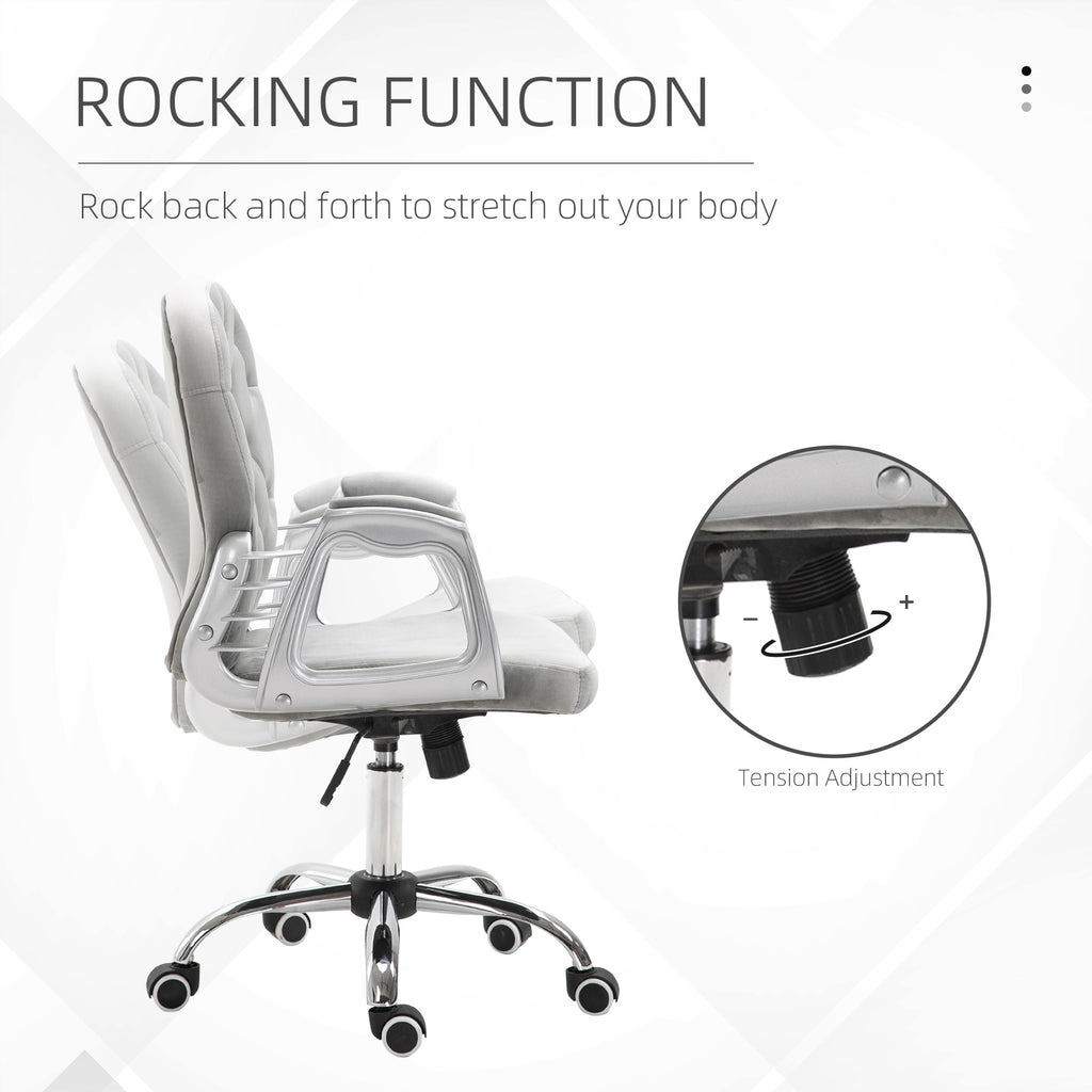Velvet Home Office Chair, Button Tufted Desk Chair with Padded Armrests, Adjustable Height and Swivel Wheels, Gray | Premium 