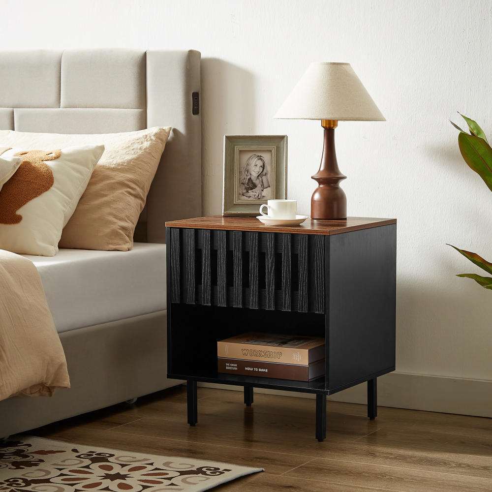 2 Set Nightstands with Grille Striped Doors, Mid Century Modern Nightstand, Bedside Table with Slatted Drawer Decor, End Tables Bedroom with Metal Legs, Night Stand for Bedroom - Grand Goldman Shop