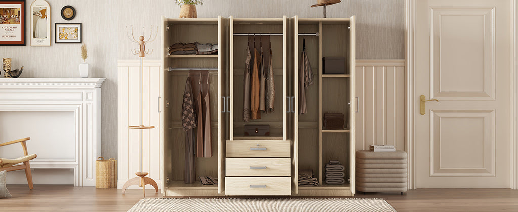6-Doors Wooden Wardrobe Storage for Bedroom, with Big Drawers, Natural - Grand Goldman Shop