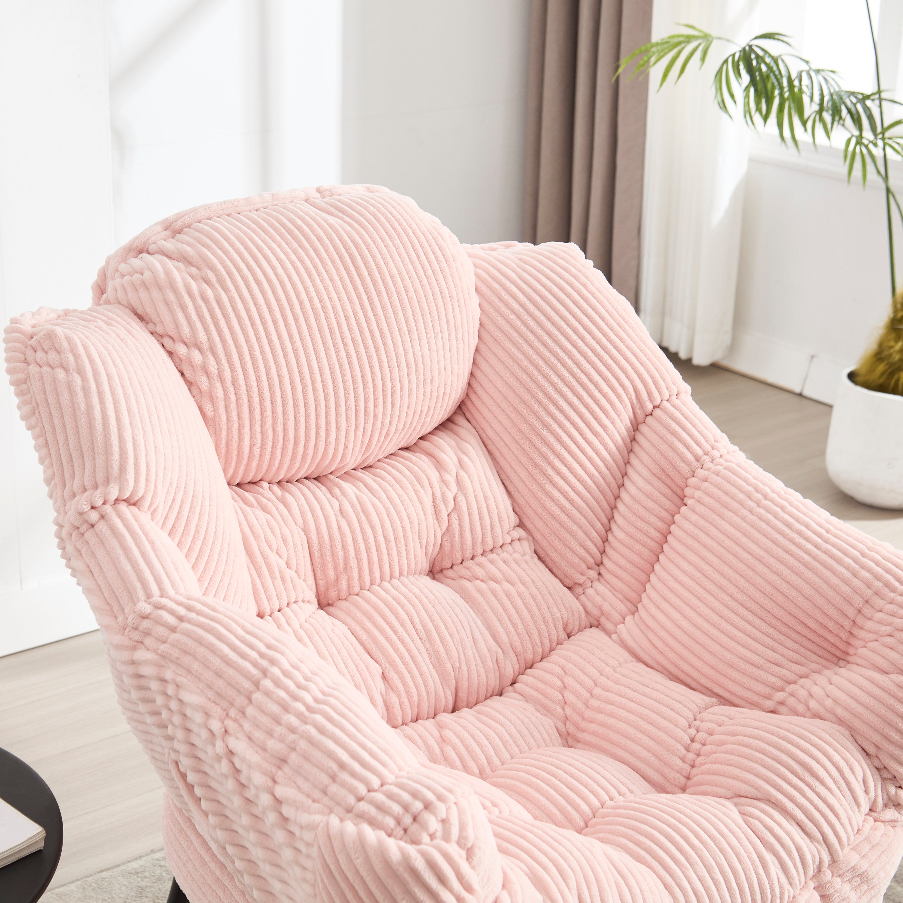 Lazy Chair with Ottoman, Modern Lounge Accent Chair with Armrests and a Side Pocket, Leisure Upholstered Sofa Chair Reading Chair with Footrest for Small Space, Corner Chair-Pink - Grand Goldman Shop