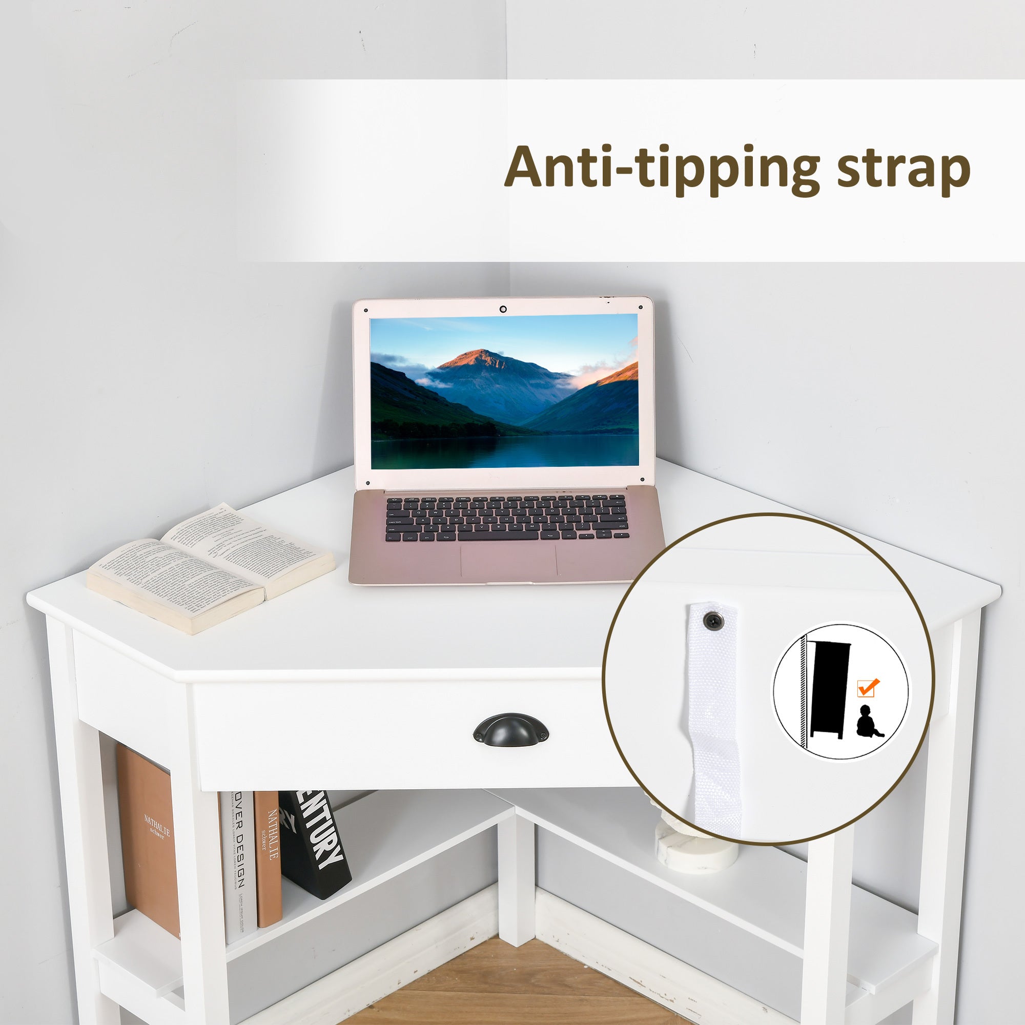 HOMCOM Corner Desk, Triangle Computer Desk with Drawer and Storage Shelves for Small Spaces, Home Office Workstation for Livi