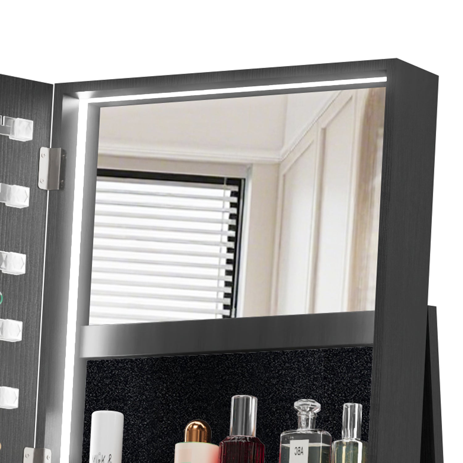 360°Swivel Jewelry Cabinet with Full Length Mirror, 360°Rotating Standing Jewelry Armoire Organizer, Lockable Storage Cabinet, Interior Lighted Mirror, Black - Grand Goldman Shop
