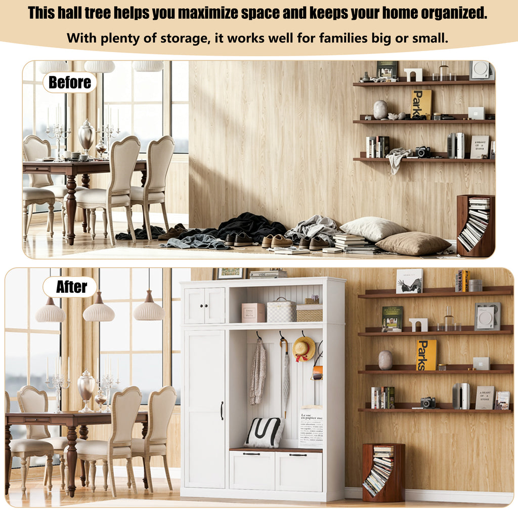 3-in-1 Hall Tree with Overhead Storage Cabinet, 3 Adjustable Side Shelves, 4 Heavy-Duty Hooks, 2 Spacious Drawers, Grooved Back Panel Design, Contrasting Seat Bench, Multifunctional Entryway Organizer - Grand Goldman Shop