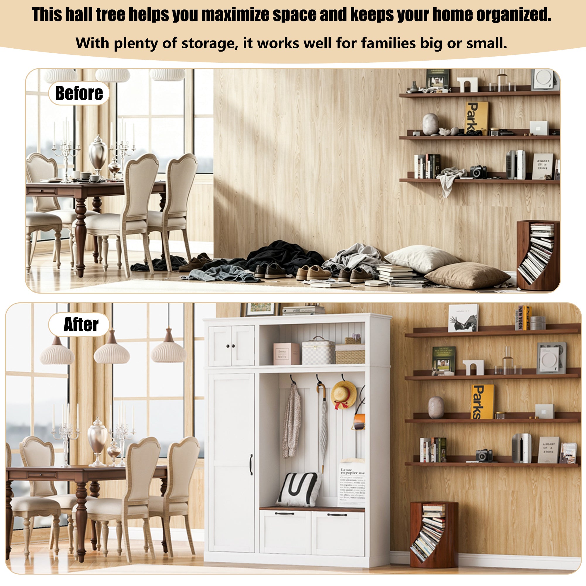 3-in-1 Hall Tree with Overhead Storage Cabinet, 3 Adjustable Side Shelves, 4 Heavy-Duty Hooks, 2 Spacious Drawers, Grooved Back Panel Design, Contrasting Seat Bench, Multifunctional Entryway Organizer - Grand Goldman Shop
