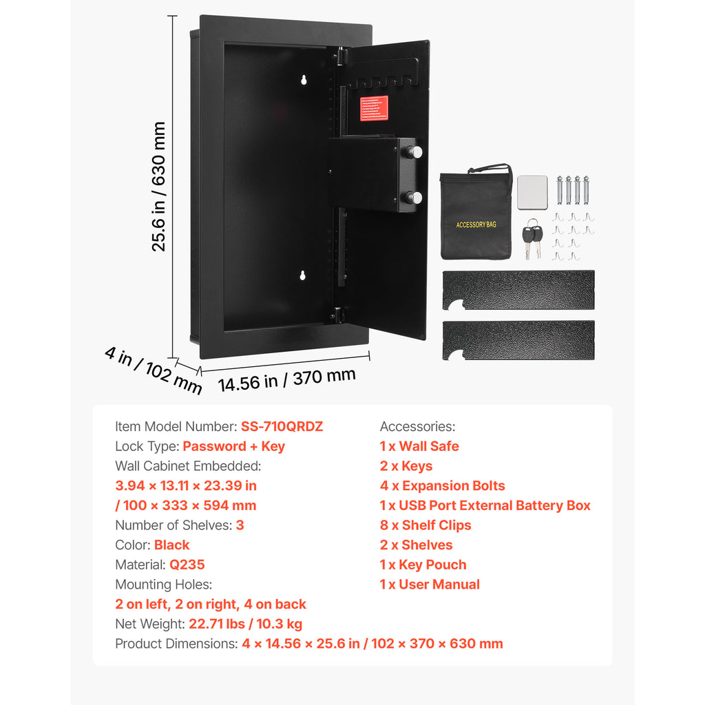 Wall Safe, 3-Tier Hidden Wall Mounted Safe with Password & Key, Q235 Cold-Rolled Steel In-Wall Box with LED Lighting, 2 Adjus